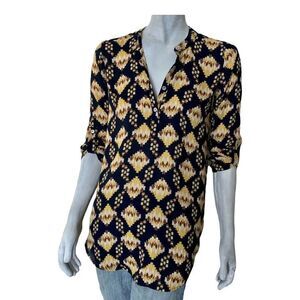 About A Girl Womens Henley Top Shirt Blue Yellow Print 3/4 Roll Tab Sheer Jrs S